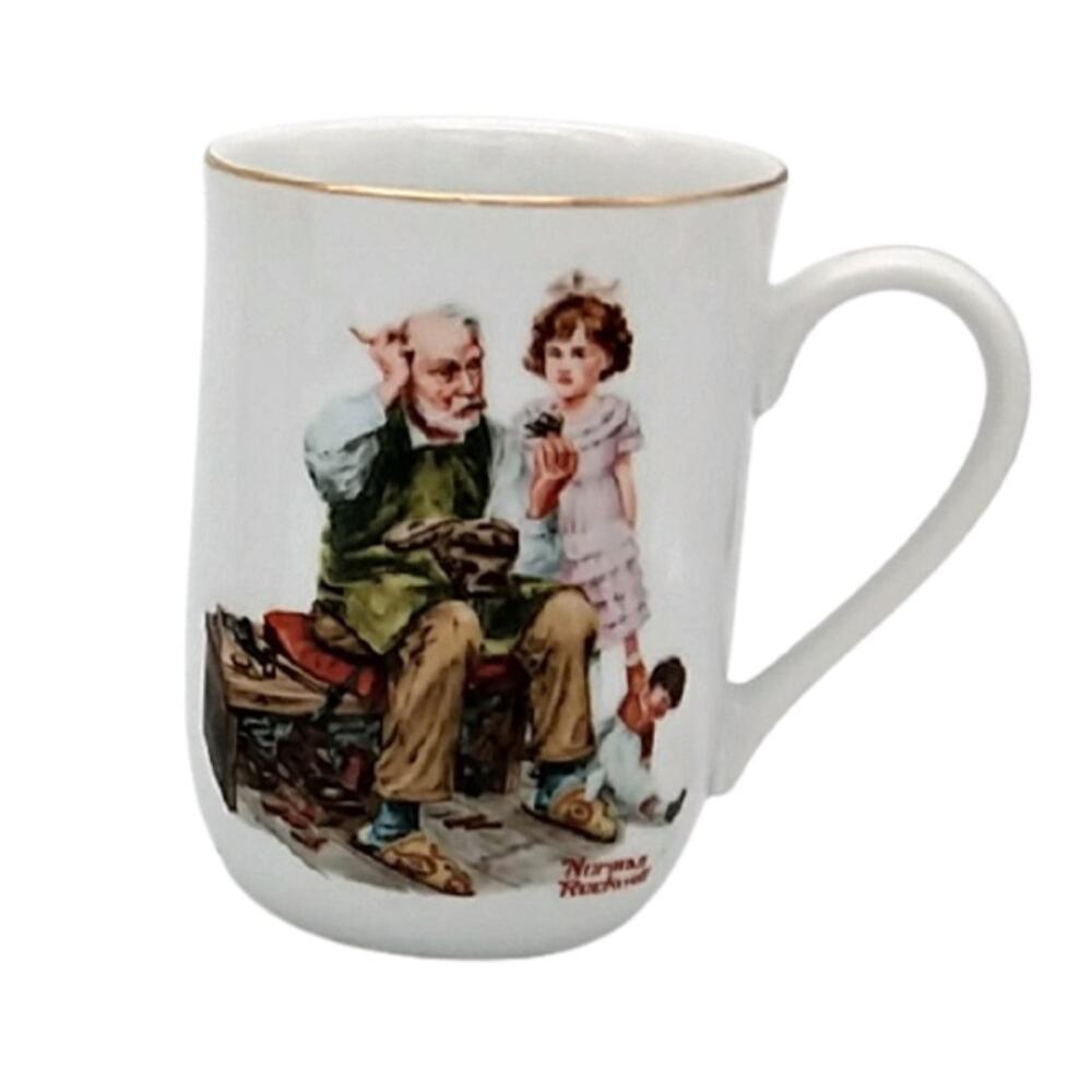 Vintage Norman Rockwell Mug The Cobbler Gold-Gilded 1982 New in Box Collectible